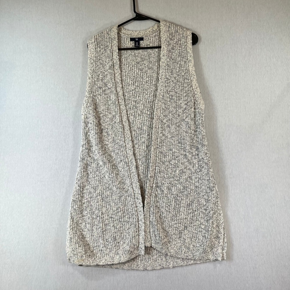 GAP Cardigan Women M Marled Knit Cotton Open Front Longline Sweater Cream Gray